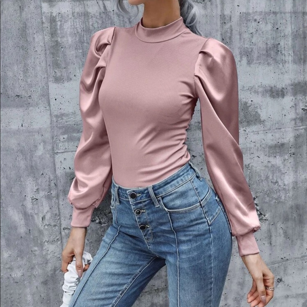 Ribbed satin puff sleeve blouse-Baby blue - Picture 6 of 14